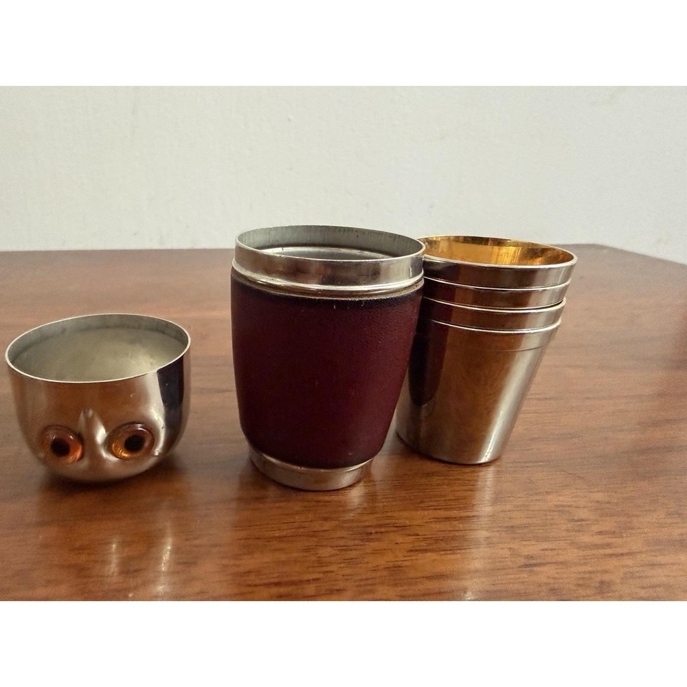 Midcentury Owl Leather And Metal Jigger Four Shot Glass Set Barware Vintage Rare - Picture 3 of 5